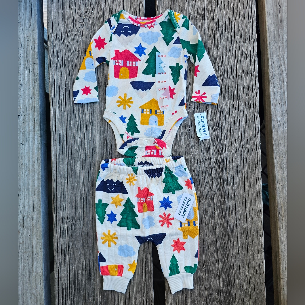Old Navy Unisex Matching Bodysuit & Quilted Jogger Pants For Baby 0-3 M Nwt